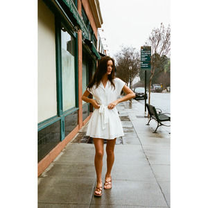 Maha Crochet Collared Mini Dress Cap Sleeve Side Pockets w/ Sash White S